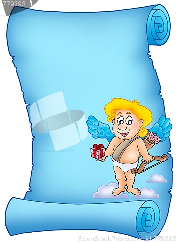 Image of Blue scroll with Cupid holding gift