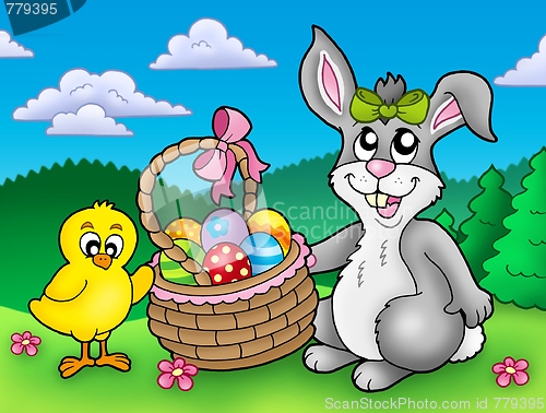 Image of Cute Easter bunny and chicken