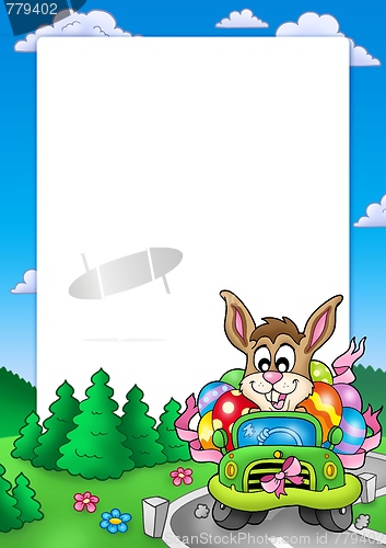 Image of Easter frame with bunny driving car
