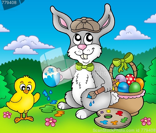 Image of Easter bunny artist and chicken