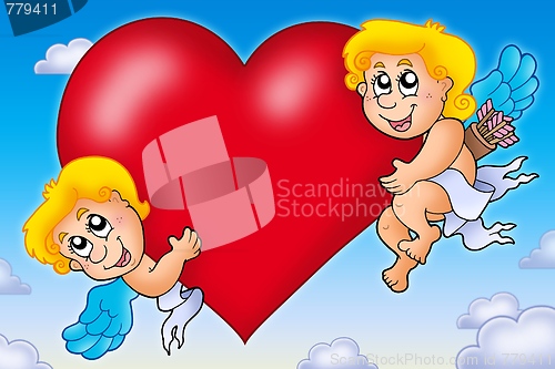 Image of Two Cupids holding heart on sky