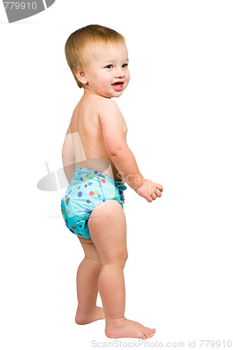 Image of Cute Baby Boy Isolated Wearing Cloth Diaper