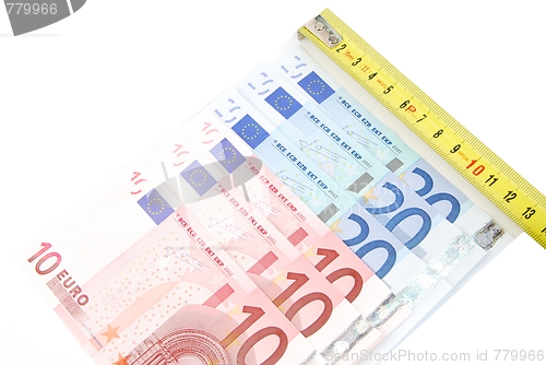 Image of Tape measure and Euro bills (concept of financial crisis)