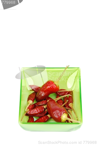 Image of Bunch of red peppers on a green cup