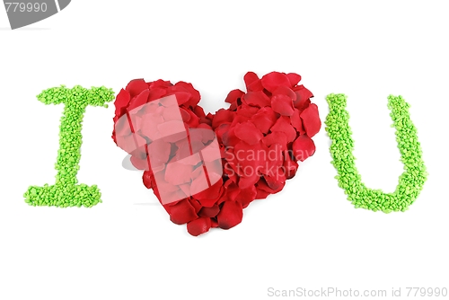 Image of I LOVE U, Red heart made of rose petals for Valentine's Day