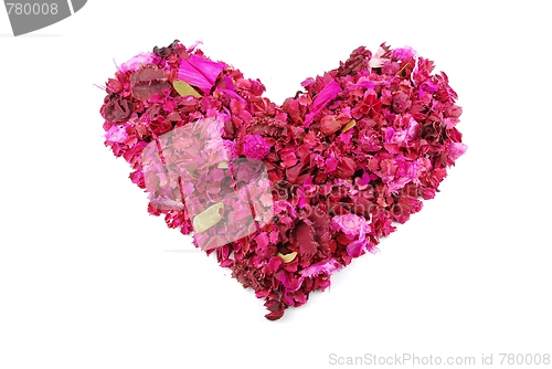 Image of Pink heart made of dried petals, leaves, flowers for Valentine's Day