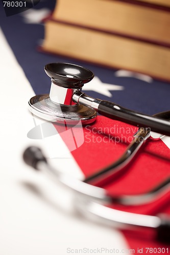 Image of Stethoscope and Books on American Flag
