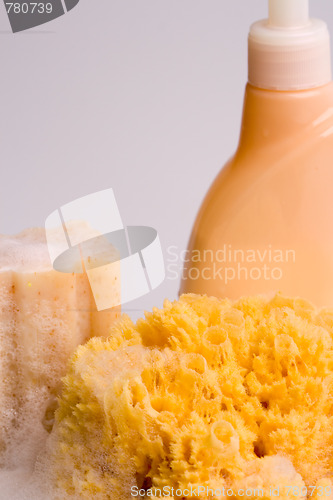 Image of soap, natural sponge and shower gel 