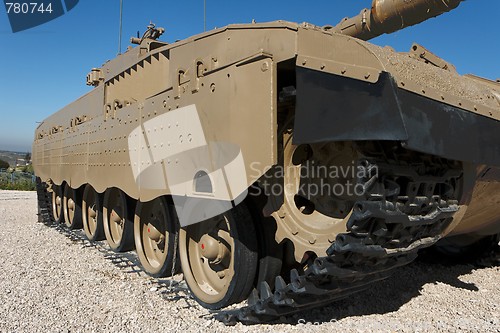 Image of Tracks and wheels closeup of new Israeli tank in museum