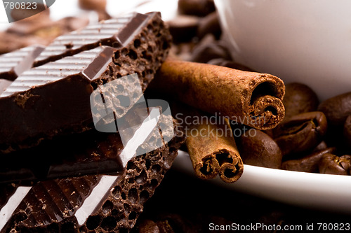 Image of coffee beans, cinnamon and black chocolate