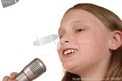 Image of young girl singing isolated on white