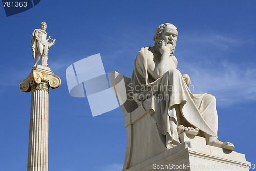 Image of Statues of Socrates and Apollo in Athens, Greece