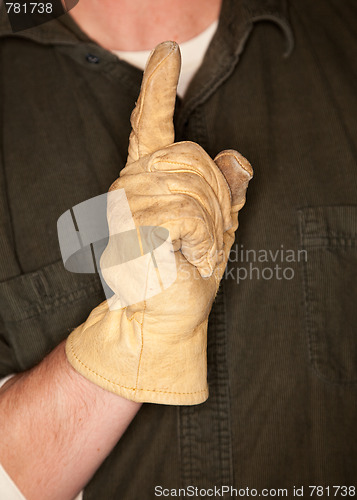 Image of Man with Leather Construction Glove and Number One Gesture