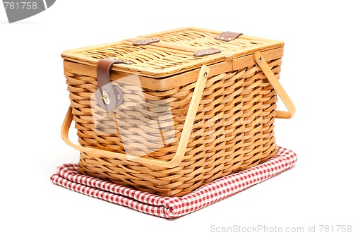 Image of Picnic Basket and Folded Blanket Isolated