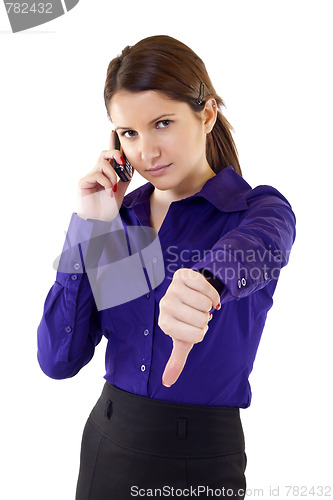 Image of woman with thumb down gesture and mobile phone