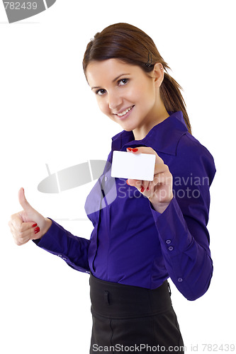 Image of woman holding blank business card giving thumbs up 