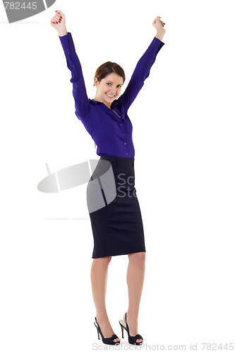 Image of woman cheering with arms in the air