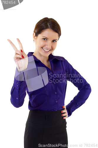 Image of attractive businesswoman victory sign