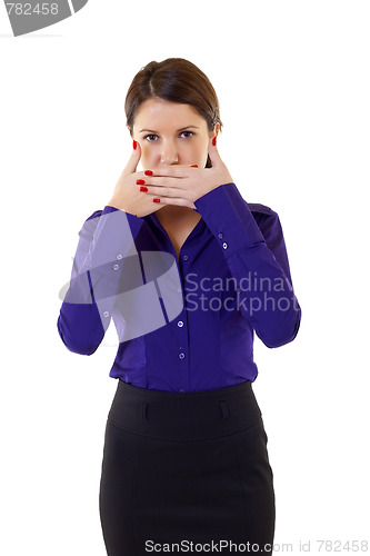Image of businesswoman in the Speak No Evil pose
