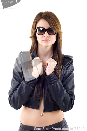 Image of woman wearing leather jacket and pants