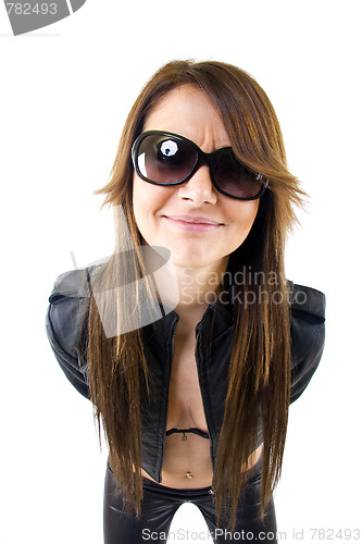 Image of  Sexy woman with sunglasses and leather jacket