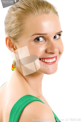 Image of Young blonde woman with blue eyes close up