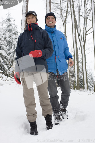 Image of Mature couple walking in the snow