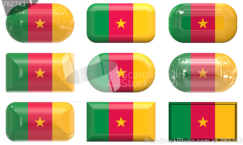 Image of nine glass buttons of the Flag of Cameroon