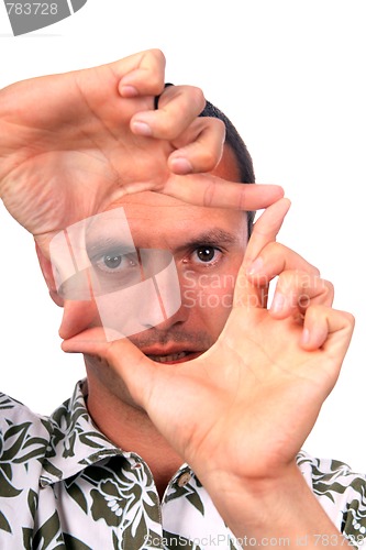 Image of tourist man over white background looking