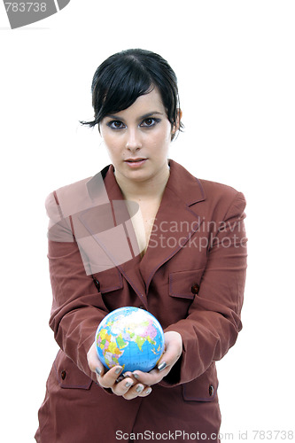 Image of young pretty woman with Earth