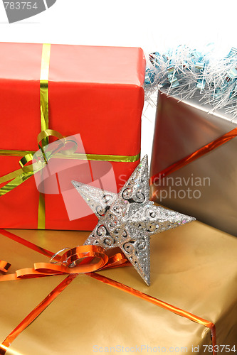 Image of beautiful christmas gifts on white background