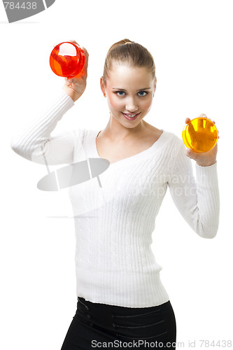 Image of Happy smile woman and hold color disks