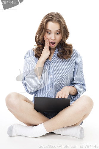 Image of Shocked woman sit with laptop