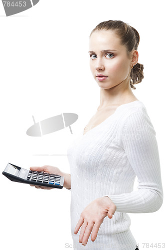 Image of Confused woman with calculator