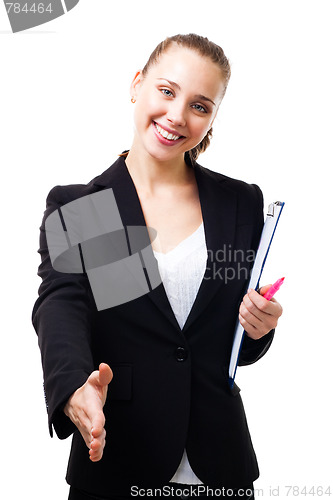 Image of Deal - woman smile and handshake