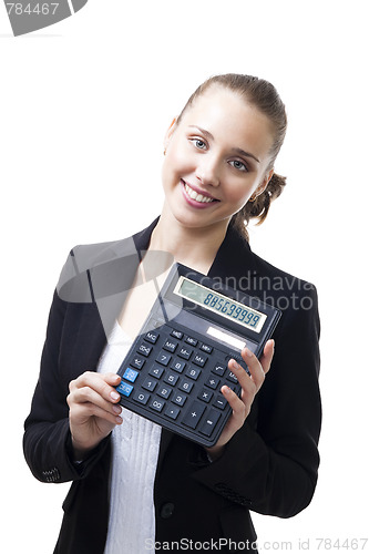Image of Confident woman hold calculator