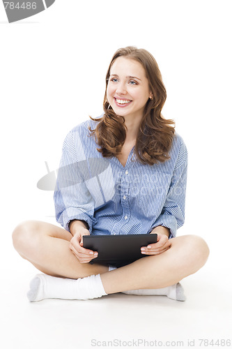 Image of Happy woman simle and sit with laptop