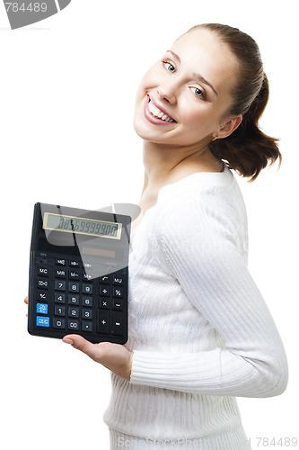 Image of Happy woman stand with calculator