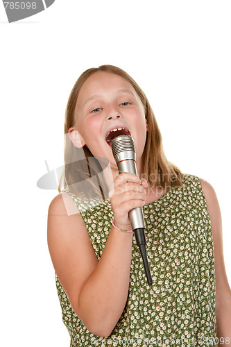 Image of young girl singing isolated on white