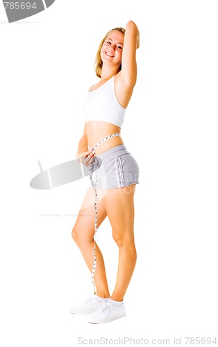 Image of Young Woman Measuring Herself On White