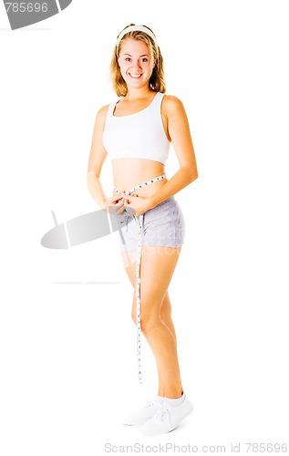 Image of Young Woman Measuring Herself On White