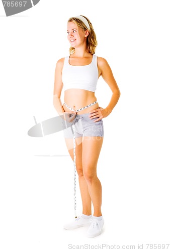 Image of Young Woman Measuring Herself On White
