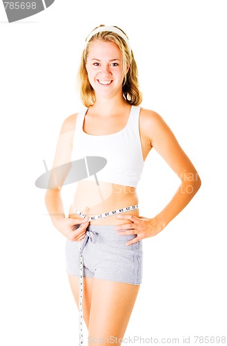 Image of Young Woman Measuring Herself On White