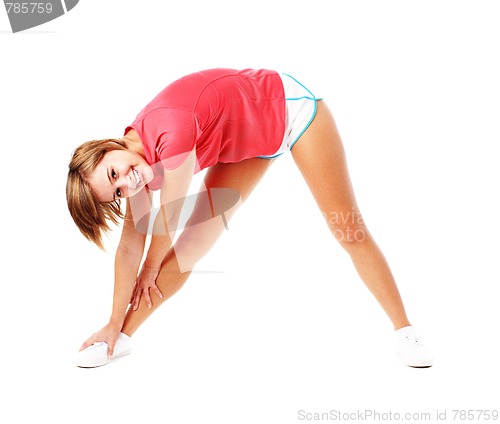 Image of Young Fitness Woman in Red Shirt Stretching, Isolated on White