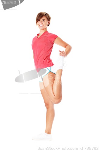 Image of Young Fitness Woman in Red Shirt Stretching, Isolated on White