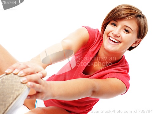 Image of Young Fitness Woman in Red Shirt Stretching, Isolated on White