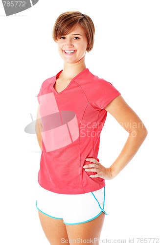 Image of Young Fitness Woman in Red Shirt Isolated on White