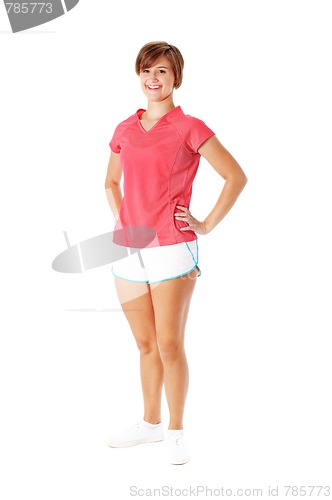 Image of Young Fitness Woman in Red Shirt Isolated on White