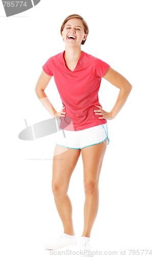 Image of Young Fitness Woman in Red Shirt Isolated on White