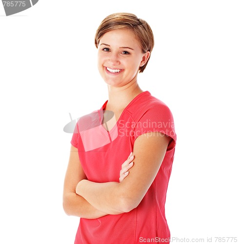 Image of Young Fitness Woman in Red Shirt Isolated on White